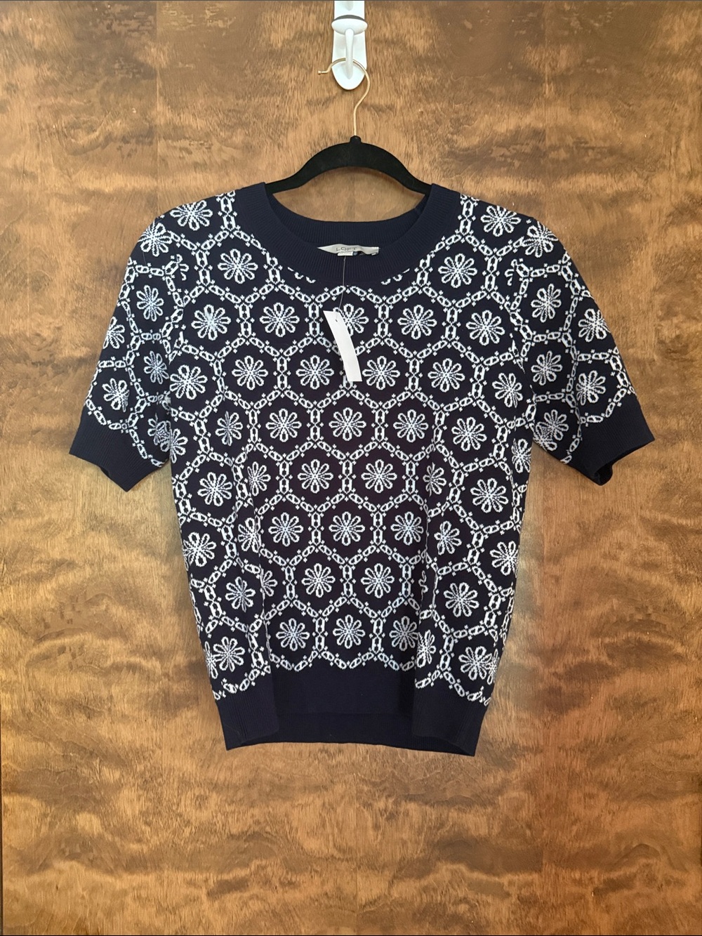 NWT LOFT Navy and White Geometric Crewneck Sweater - XS